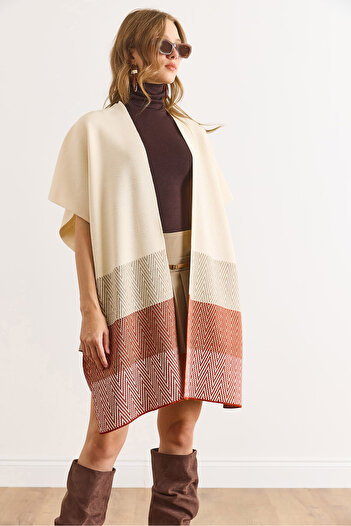 Olalook Women's Ecru Zigzag Patterned Poncho Cardigan Hrk-19000422