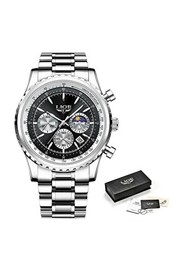 Lige Men's Watch Quartz Analog Stainless Steel Silver Black Chronograph Date
