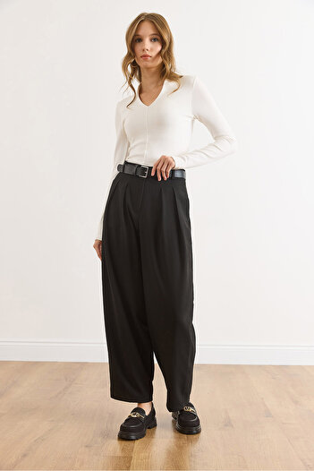 Olalook Women's Black Pocketed Pleated Balloon Polyviscose Flowy Pants Pnt-19000370