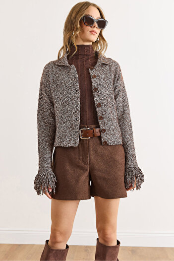Olalook Women's Brown Cuffed Fringed Knitted Cardigan Hrk-19000419