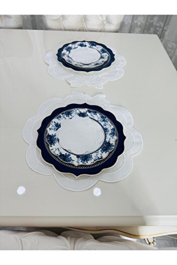 İNCİ ÇEYİZ 6 Pieces First Quality Linen Ribbon Pattern Embroidered American Tablecloth