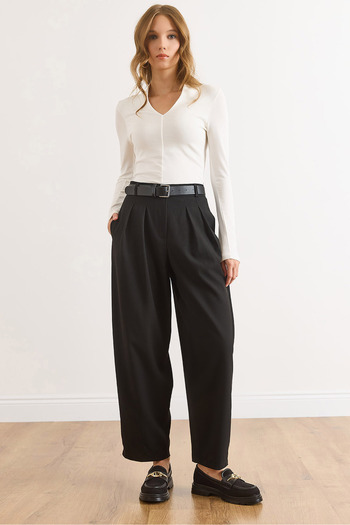 Olalook Women's Black Pocketed Pleated Balloon Polyviscose Flowy Pants Pnt-19000370