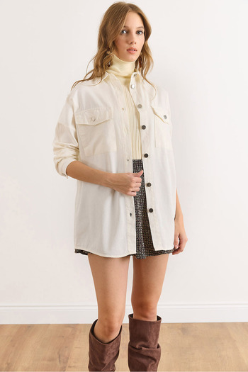 Olalook Women's White Double Pocket Cotton Gabardine Shirt Gml-19001272
