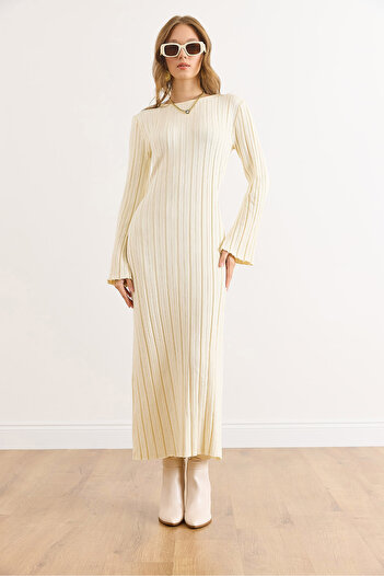 Olalook Women's Cream Spanish Sleeve Belted Maxi Knit Dress Elb-19002546