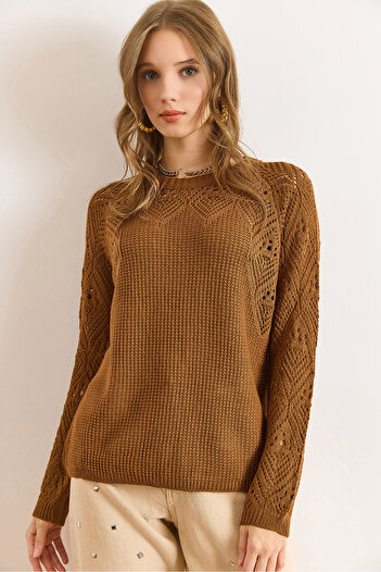 Olalook Women's Camel Hair Openwork Detailed Knitwear Blouse Blz-19003090