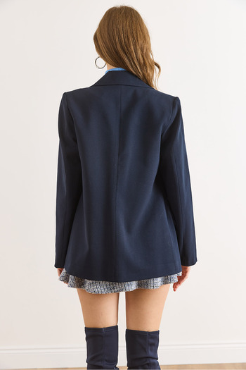 Olalook Women's Navy Blue Single Button Lined Pocket Flap Premium Blazer Jacket Ckt-19000395