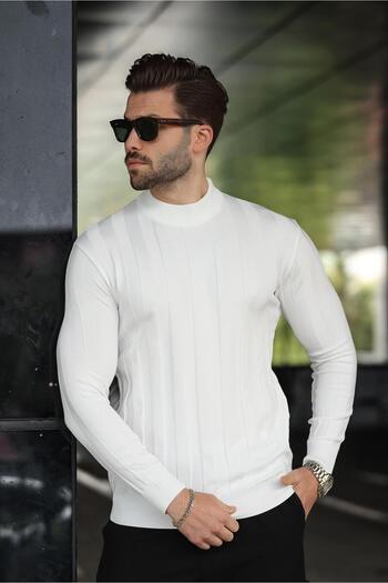 Madmext White Half Fisherman Men's Knitwear Sweater E7423