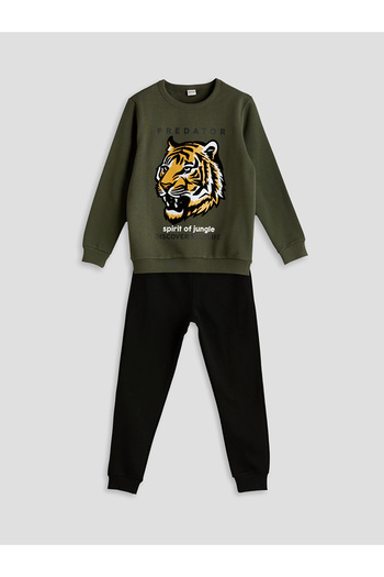 LC Waikiki Lcw Kids Green Crew Neck Tiger Printed Boys Tracksuit Set