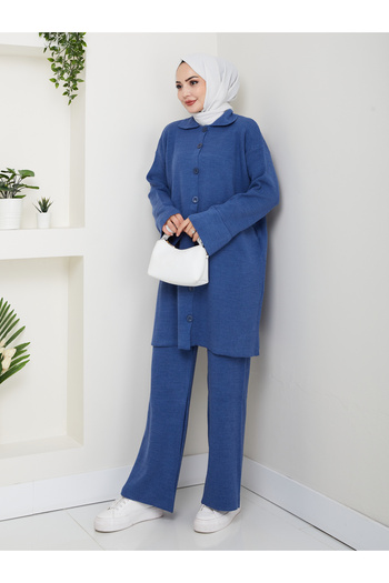 Kirazgym Oversize Ribbed Steel Knit Detailed Cardigan Pants Knitwear Set