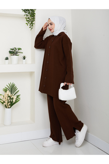 FERHEL Oversize Ribbed Steel Knit Detailed Cardigan Pants Knitwear Set