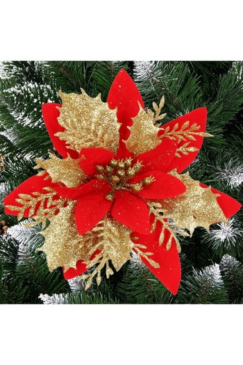 SERSIMO Set of 10 Christmas tree ornaments, Poinsettia star, 14cm, red gold