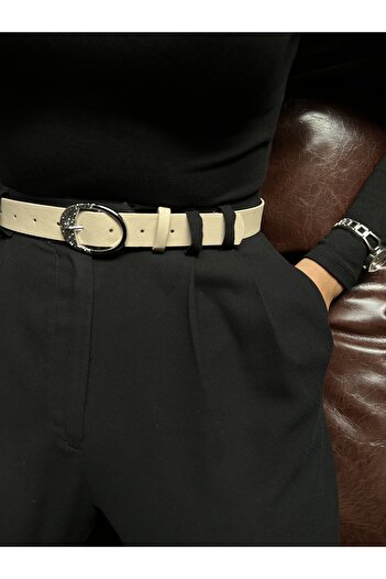 LİA KEMER Oval Patterned Silver Buckle Model Women's Belt Waist Belt Coat Belt Dress Belt Trouser Belt