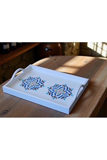 Decoratiuni Vintage Casa Retro Decorative wooden tray, white and blue, hand-painted, 25 x 35 cm