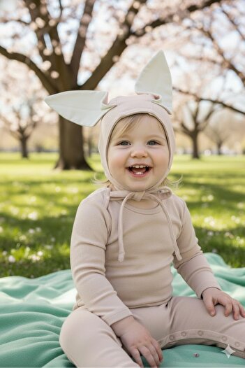 Babygiz Baby Girl and Boy 100% Cotton Combed Extra Soft Rabbit Ear Lace-Up Double Layer Beanie