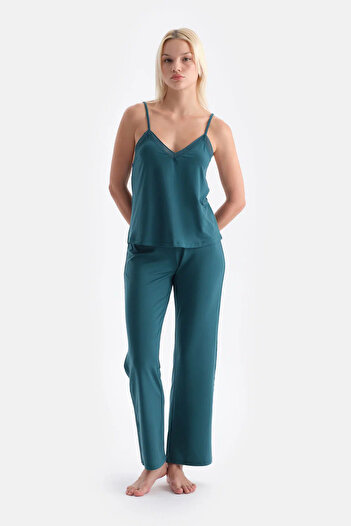 Dagi Dark Green Basic Side Stripe Lace Detailed Trousers