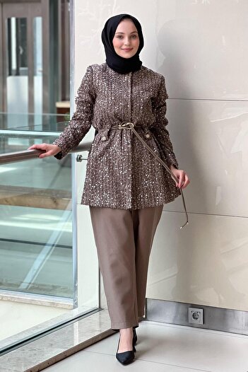 Ghisa Zero-Neckline Waist Belted Sequin Jacket and Pants Set