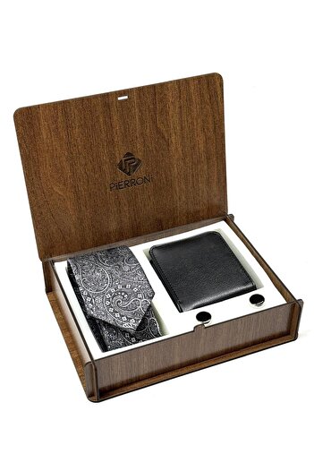 PİERRONİ Gray Black Shawl Pattern Tie Cufflink Wallet Set with Special Wooden Box