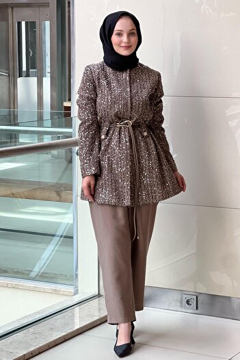 Ghisa Zero-Neckline Waist Belted Sequin Jacket and Pants Set