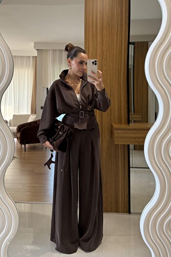 solena sln Women's Brown Belt Detailed Wide Leg Modal Suit