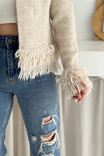 FEMELLE Women's Beige Knitwear Cardigan Tassel Detailed One Button Neckline Standard Size