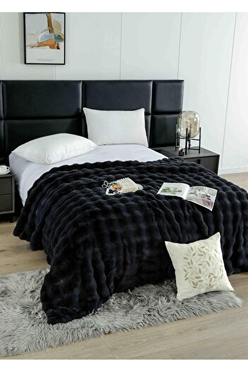 Sale4u Cocolino Fluffy Blanket with Zipper – Artificial Rabbit Fur, 200×230 cm, black