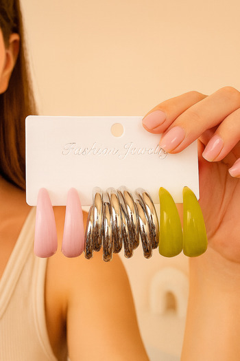PABALAS Elegant Silver Color 3 Hoop Earrings and Resin Round Design Set of 6 Earrings