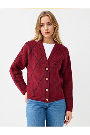 Jimmy Key Burgundy Straight Cut V-Neck Knitwear Cardigan