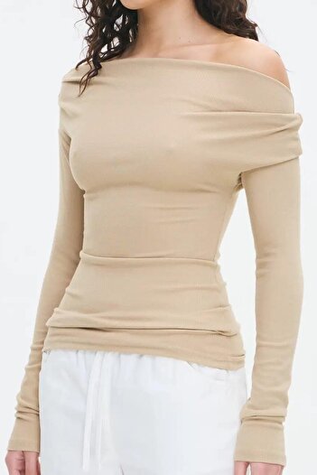 Madmext Beige Women's Off Shoulder Long Sleeve Blouse Mg2567