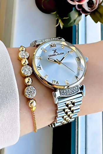 Daniel Klein Original Women's Wristwatch, Cut Glass Waterproof Gold Silver Steel Band - Bracelet Gift Dkby2050C4