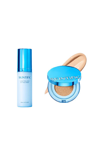 SKINTIFIC Velvet Matte Duo: Perfect Stay Cushion 02 Ivory + Lock The Look Setting Spray