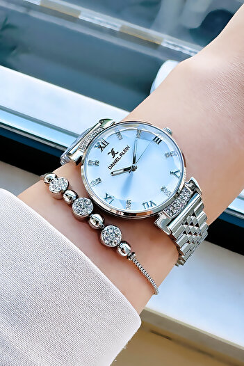 Daniel Klein Original Women's Wristwatch, Cut Glass Waterproof Silver Color Steel Band - Bracelet Gift Dkby2050C8