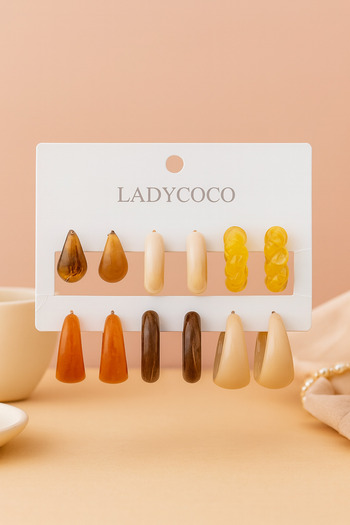 PABALAS 6 Pairs Elegant Geometric C-Shaped Acrylic Earrings Set in Pastel and Natural Tones