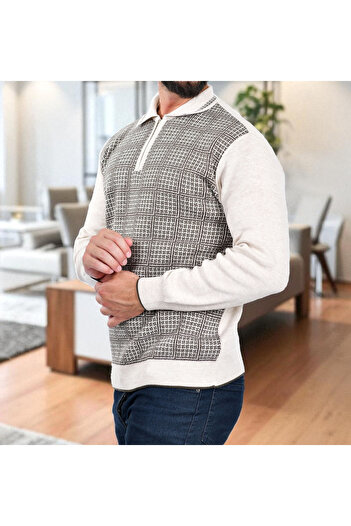 Kamalı Men's Knitwear Knitted Shirt Collar Zippered Polo Neck Striped Non-Pilling Winter Sweater