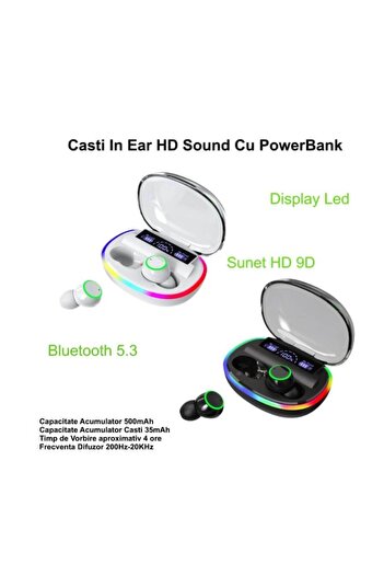 K KATHODE Căști audio Bluetooth fără fir, TWS, cu afișaj LED, baterie externă, sunet HD, BT-36, albe
