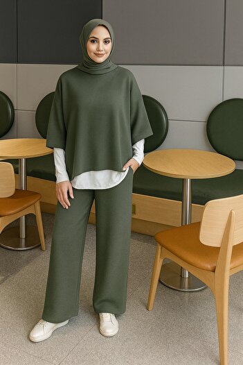 onlymoon Women's 3-Piece Set ♦   Scuba Fabric ♦   Khaki Green ♦   High Waist ♦   Wide Leg Pants ♦   Casual Stylish Outfit