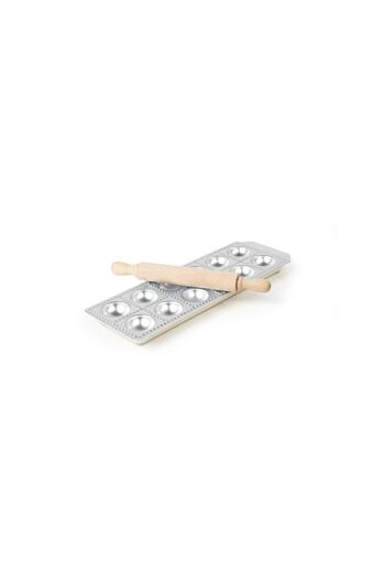 HENDI Ravioli Form, Aluminum, 12 Compartments, Non-Slip Feet, Includes Wooden Rolling Pin