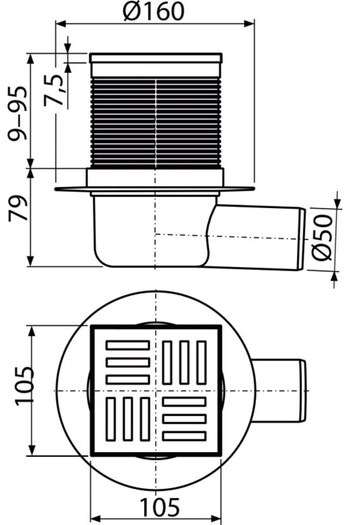 Other Drain Grate 105x105x50mm Side Outlet Gray Siphon