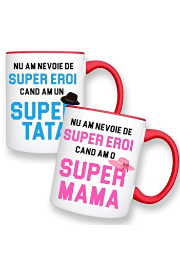 OEM Set 2 Personalized Mugs with Message: 'Super Dad, Super Mom', Betaprint, Model 2, White with Red Int