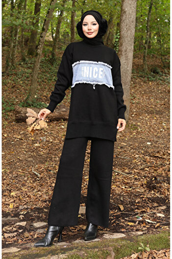 sefamerve Knitwear Jeans Garnished Tunic Trousers Double Set 1094-08 Black