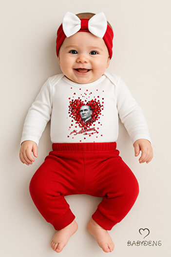 BABYDEN'S Ataturk Printed Long Sleeve 3-Piece Red and White Baby Set Body, Pants and Bandana with Bow Detail