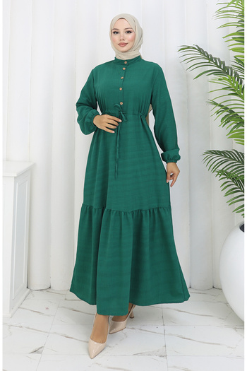 sefamerve Lace-up waist half button dress 0182-06 emerald green