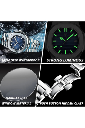 POEDAGAR Quartz Wristwatch Luminous Hands Steel Analog Business Silver Blue