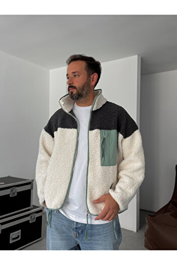 BYBASICMAN Ekru Yan Cepli Fermuarlı Peluş Sweatshirt YP-5006