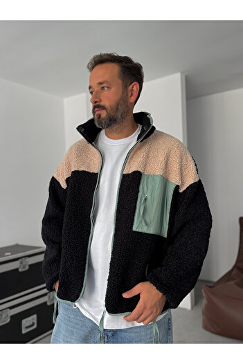 BYBASICMAN Siyah Yan Cepli Fermuarlı Peluş Sweatshirt YP-5006