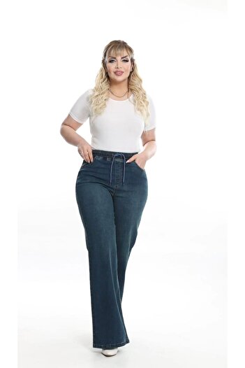 LİYACA Elastic Waist High Waist Loose Leg Large Size Denim Jeans
