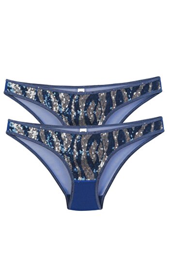 Akbeniz Women's Navy Blue Sequin Detailed 2-Piece Slip