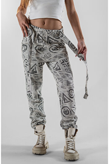 Superbluemexico Women's Belted Geometric Pattern Jogger Pants