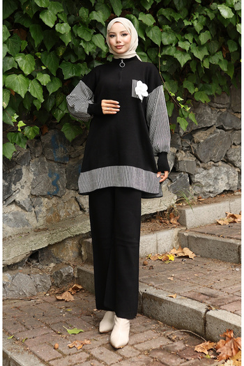 sefamerve Knitwear Floral Applique Tunic Trousers Double Set 1009-01 Black