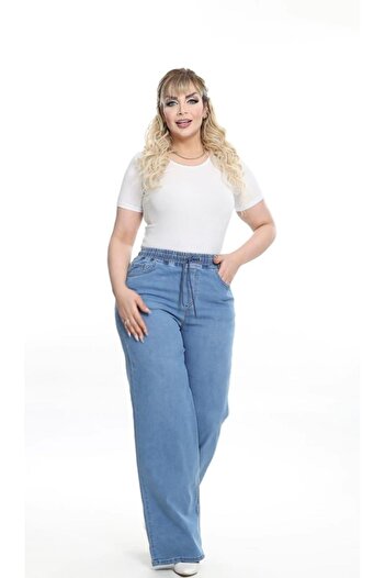 LİYACA Elastic Waist High Waist Loose Leg Large Size Denim Jeans