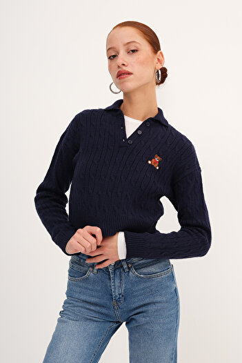 Addax Polo Neck Teddy Bear Embroidered Knitwear Sweater K3425-C1